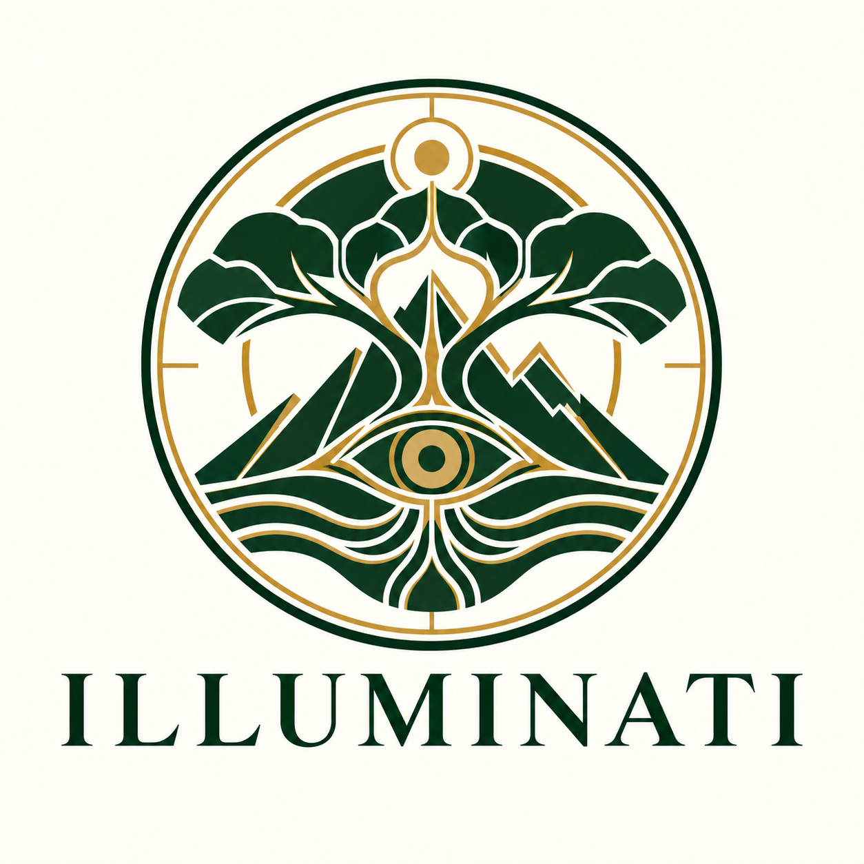 Illuminati emblem combining a tree, mountains, a central eye, and flowing roots